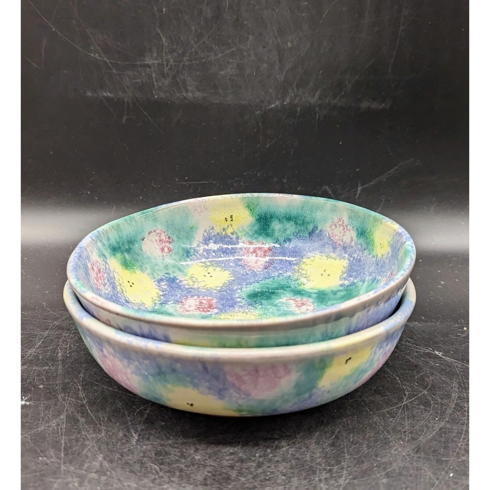 Set/2 Vintage Christian Ridge Pottery Spongware Soup Cereal Bowl 7" Maine